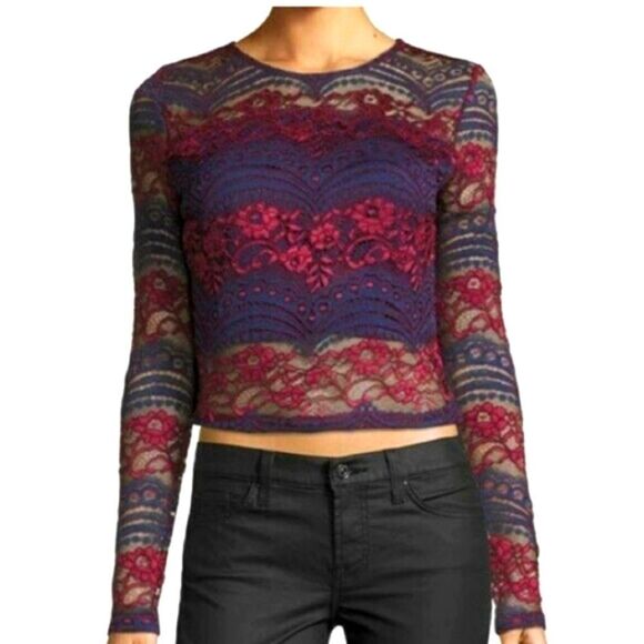 Romeo + Juliet Couture Women's burgundy/ navy blue lace long-sleeve fitted top L - Picture 1 of 11